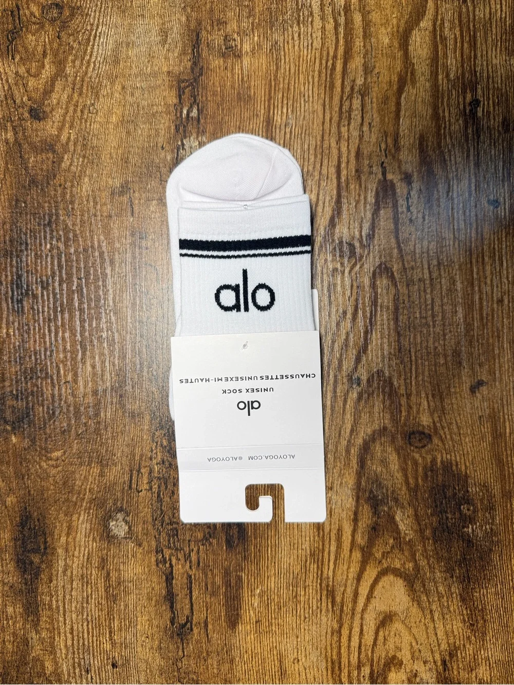 ALO Yoga unisex White Ankle Socks with Black Stripes